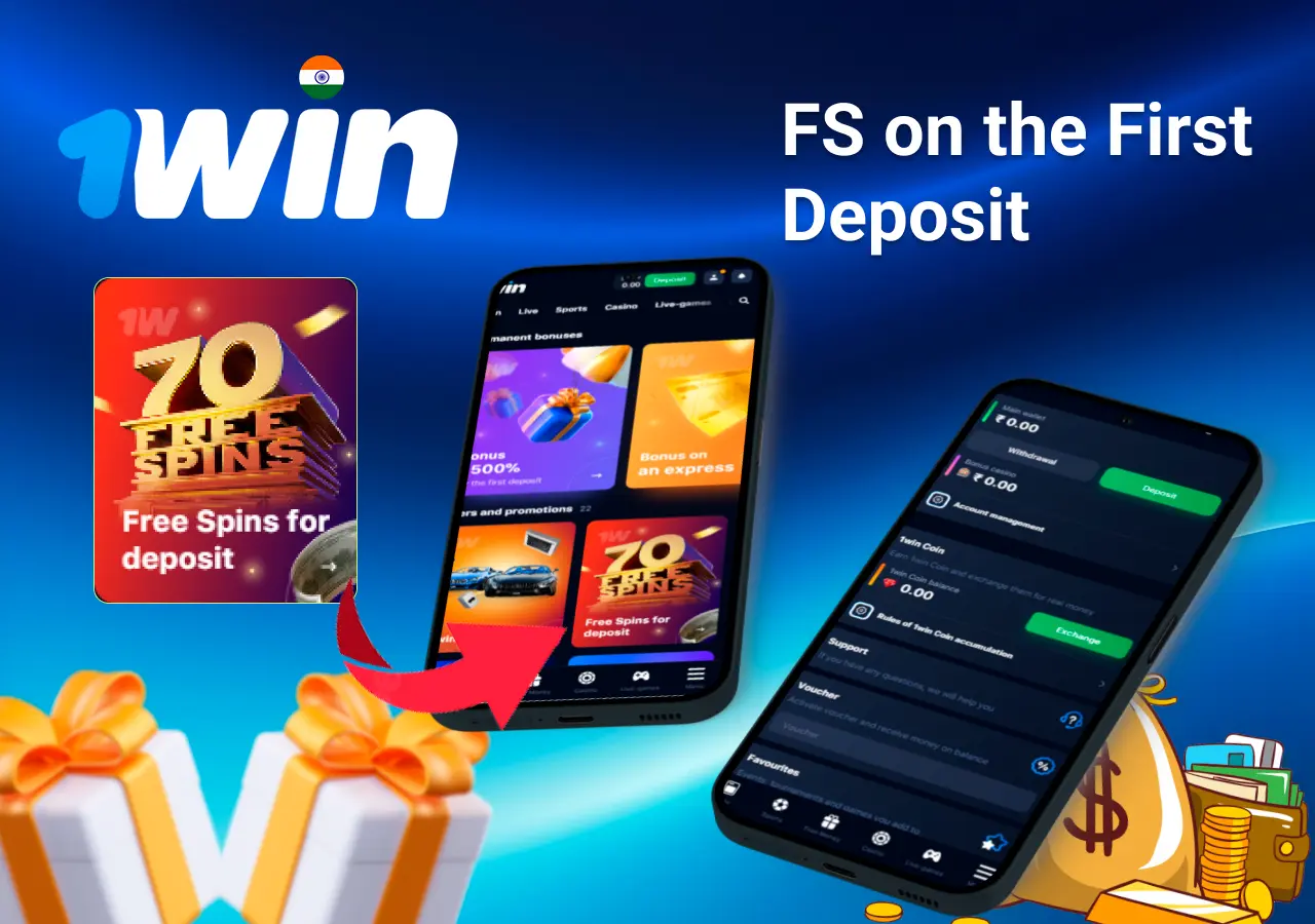 Mobile app showing casino game offers like loyalty program and free spins with poker chips and cards