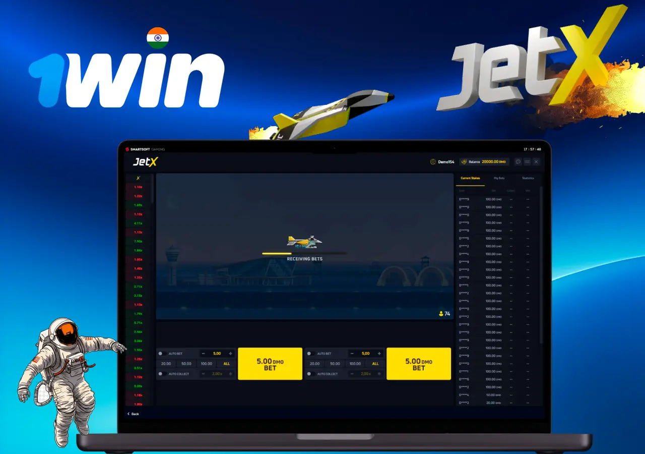 JetX casino game interface displayed on a laptop screen with betting options