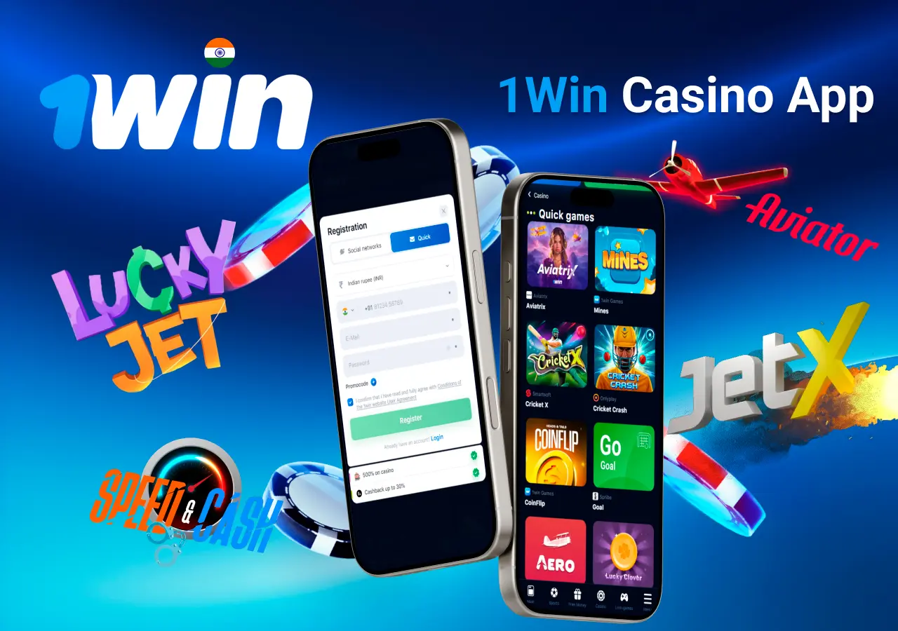 1Win Casino app registration screen with quick games like Aviatrix and JetX